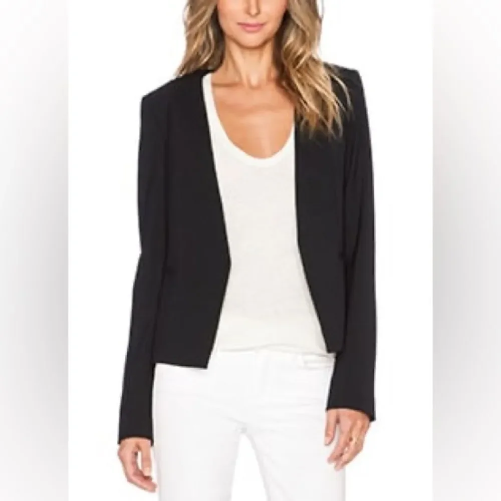 THEORY Black Open Front Cropped Long Sleeve Blazer Jacket 0